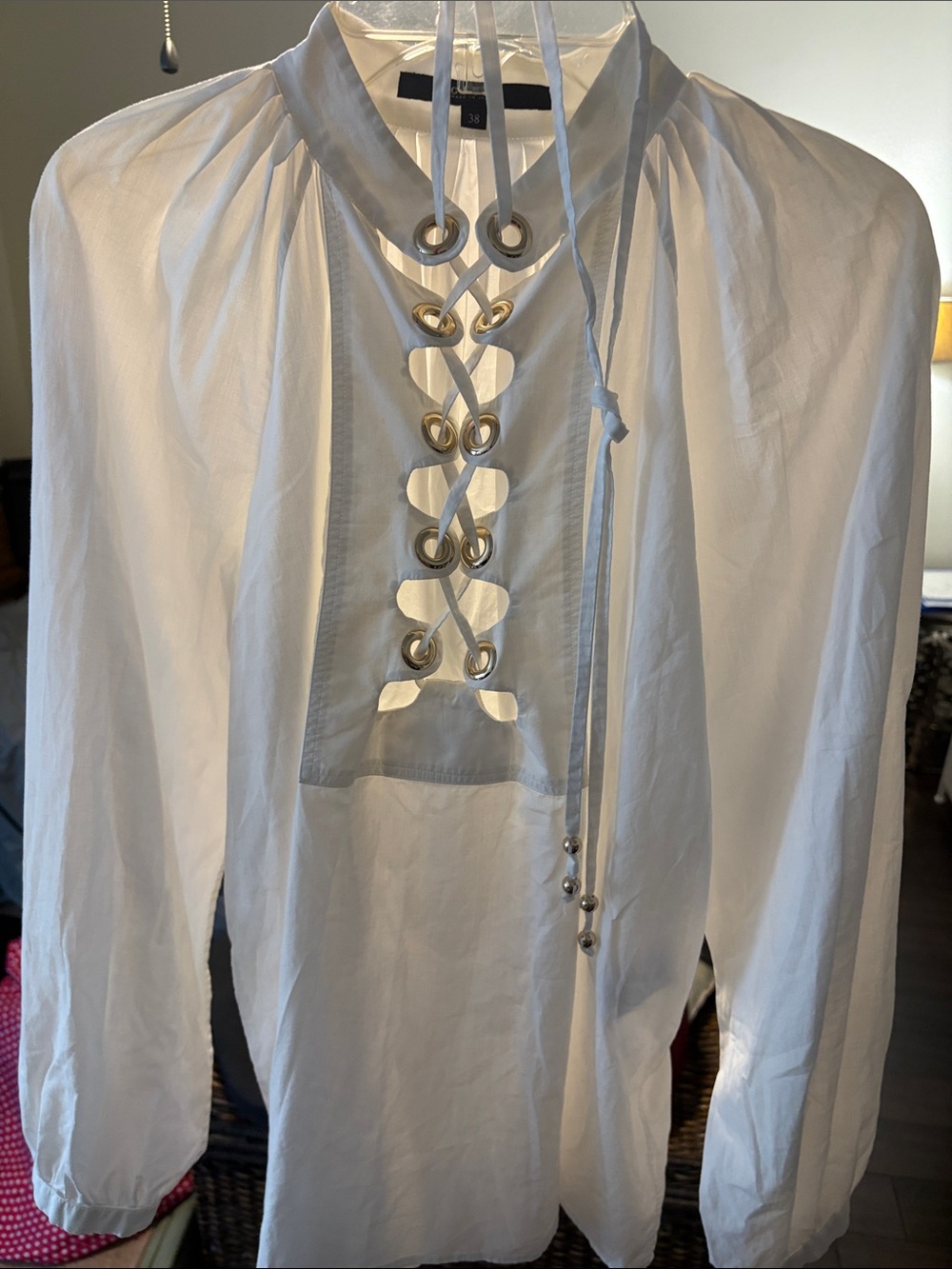 Gucci white cotton lace tie up front blouse with Gold Hardware.